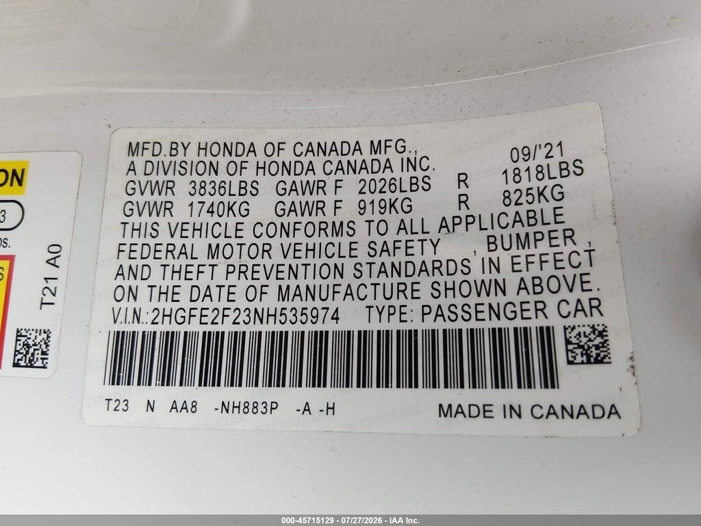 2HGFE2F23NH535974 2022 HONDA CIVIC photo no. 9