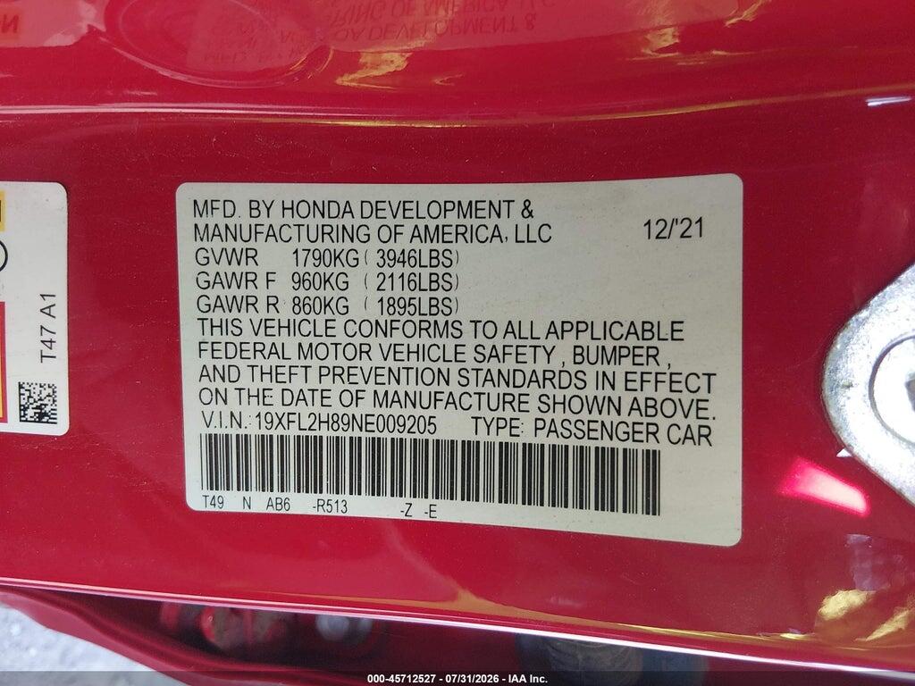 19XFL2H89NE009205 2022 HONDA CIVIC photo no. 9