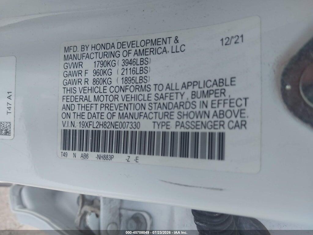 19XFL2H82NE007330 2022 HONDA CIVIC photo no. 9