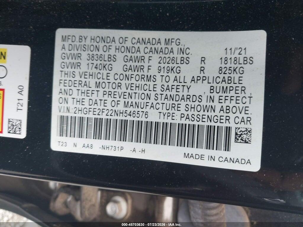 2HGFE2F22NH546576 2022 HONDA CIVIC photo no. 9