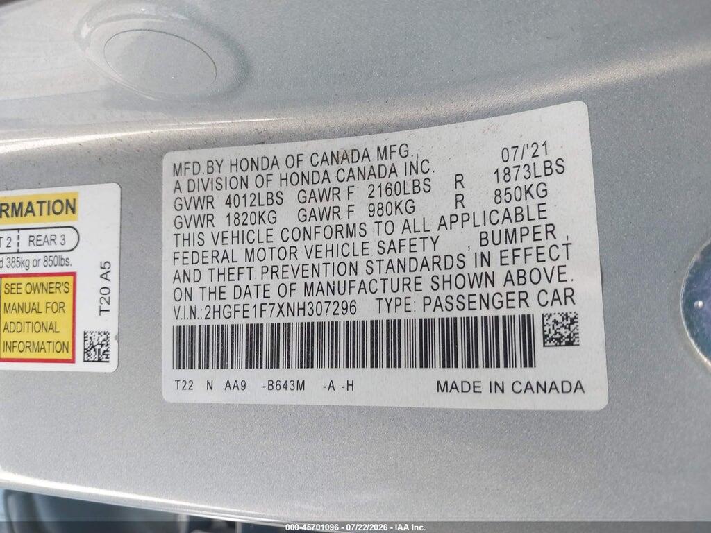 2HGFE1F7XNH307296 2022 HONDA CIVIC photo no. 9