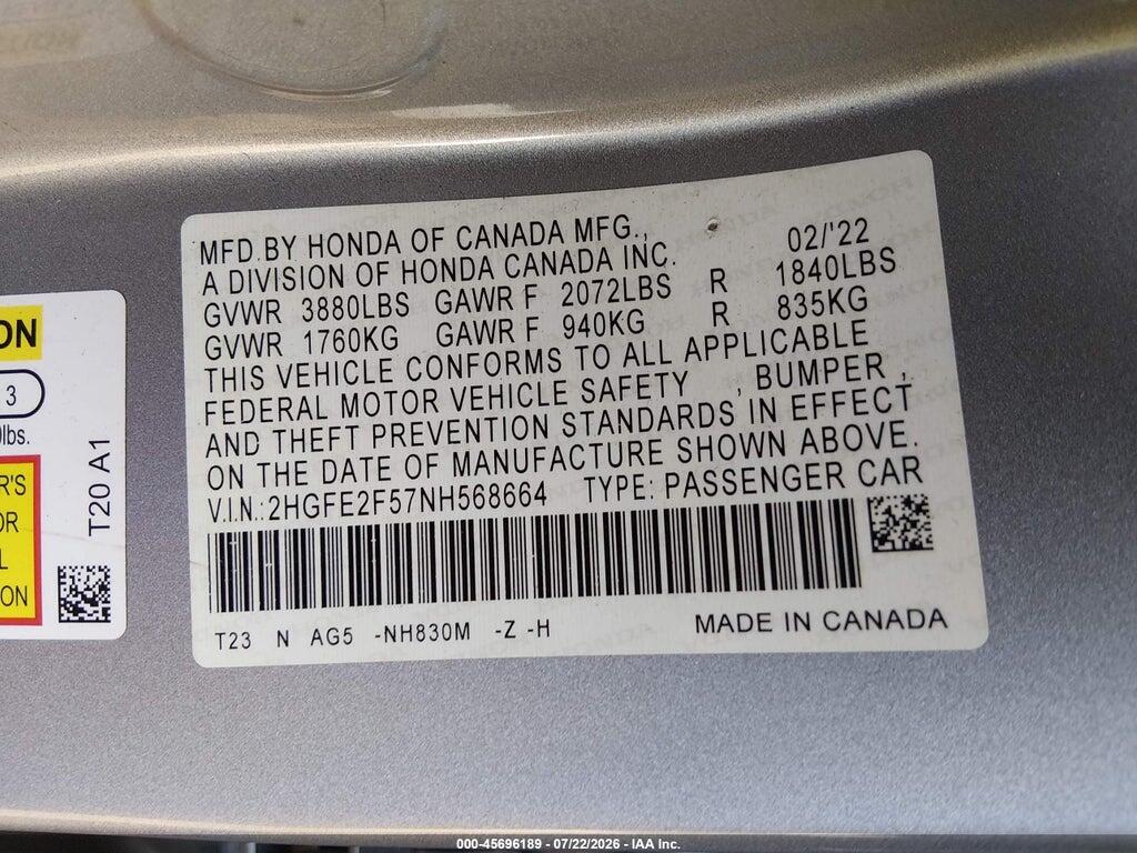 2HGFE2F57NH568664 2022 HONDA CIVIC photo no. 9