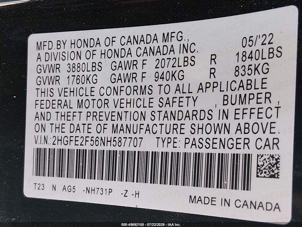 2HGFE2F56NH587707 2022 HONDA CIVIC photo no. 9