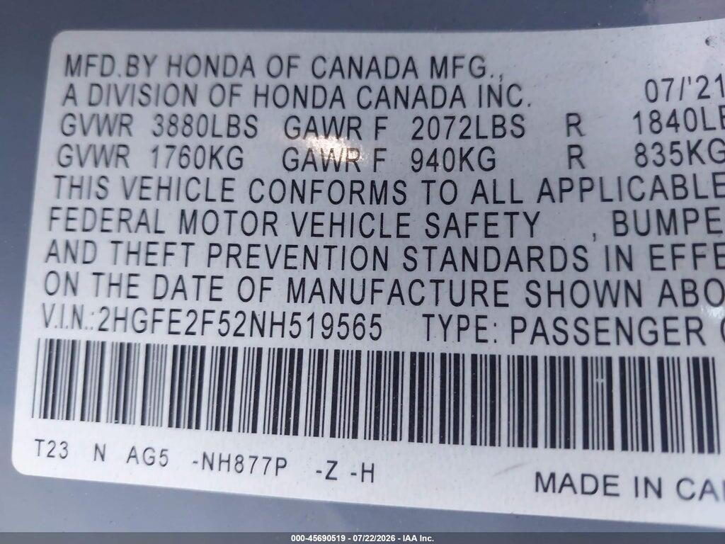 2HGFE2F52NH519565 2022 HONDA CIVIC photo no. 9