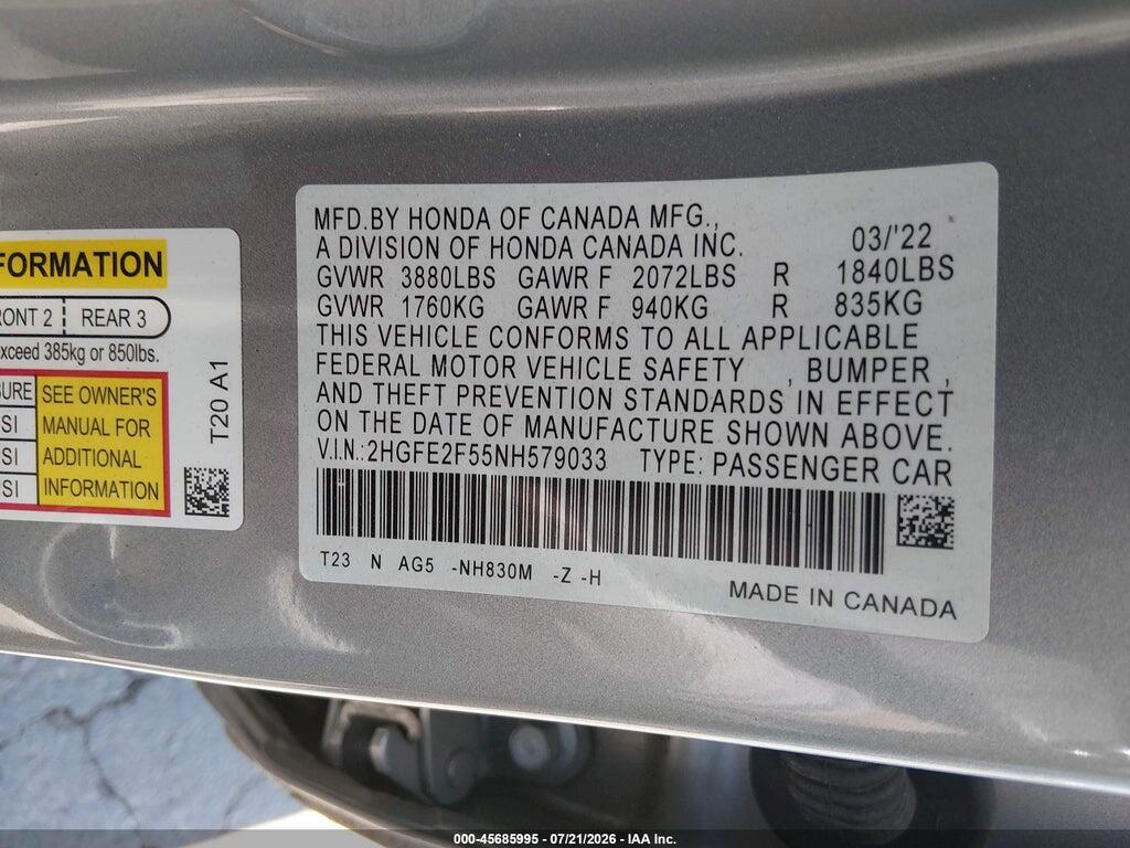 2HGFE2F55NH579033 2022 HONDA CIVIC photo no. 9