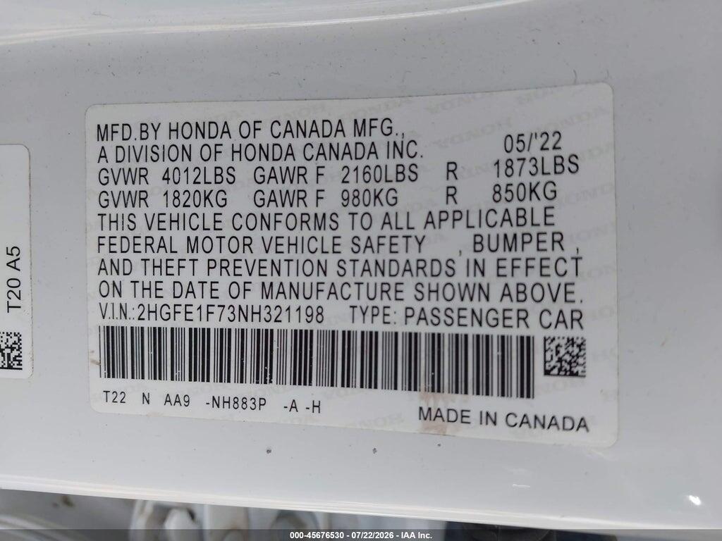 2HGFE1F73NH321198 2022 HONDA CIVIC photo no. 9