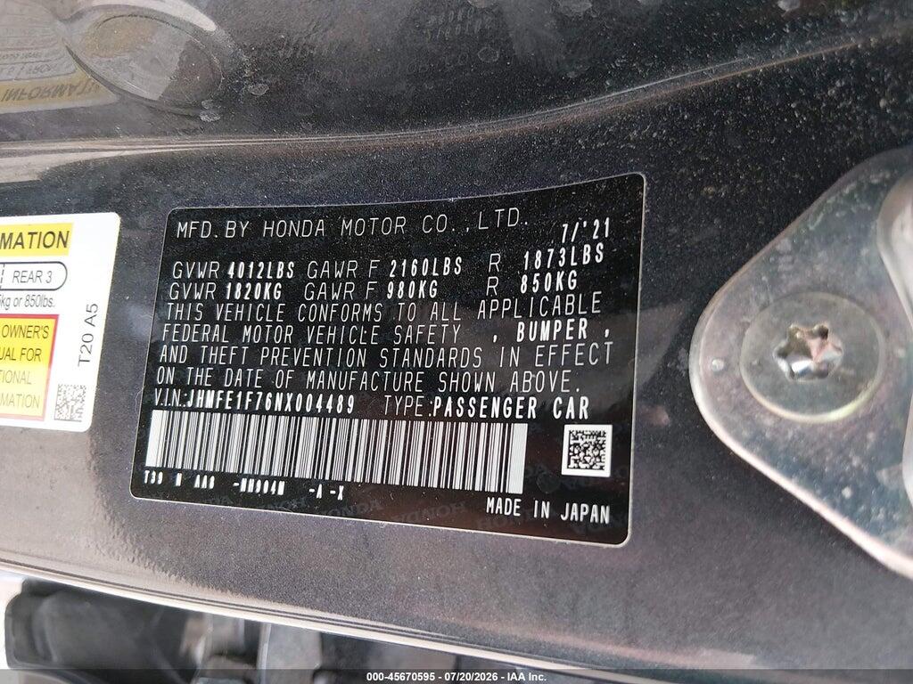 JHMFE1F76NX004489 2022 HONDA CIVIC photo no. 9