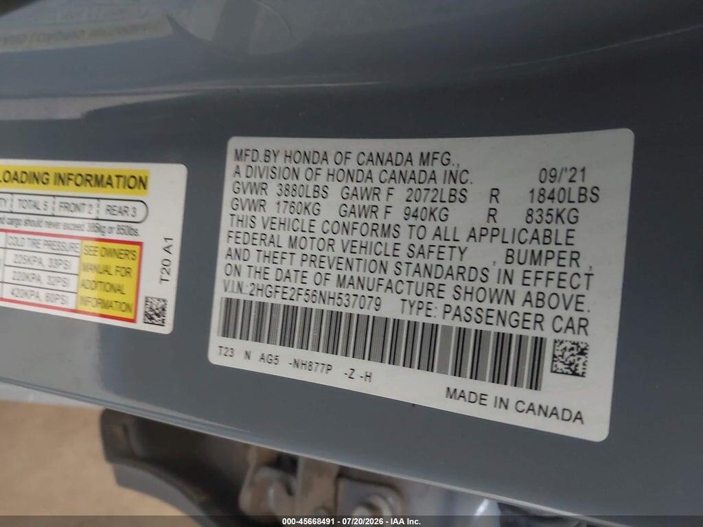 2HGFE2F56NH537079 2022 HONDA CIVIC photo no. 9
