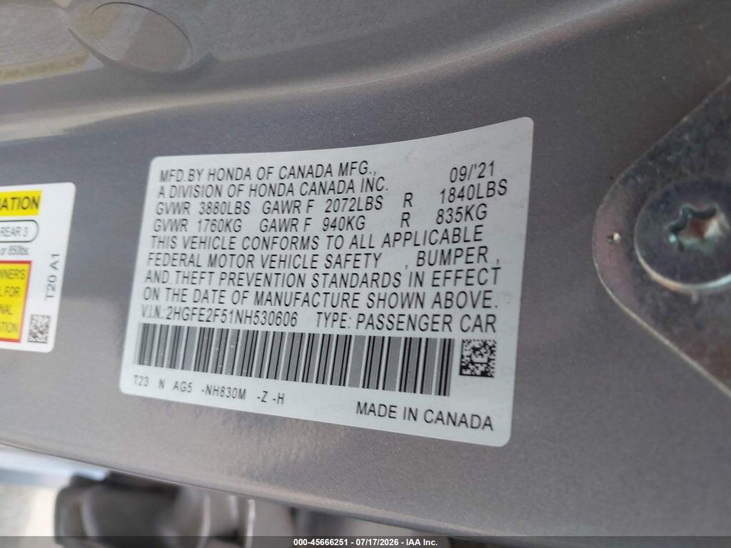 2HGFE2F51NH530606 2022 HONDA CIVIC photo no. 9