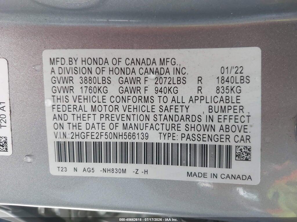 2HGFE2F50NH566139 2022 HONDA CIVIC photo no. 9