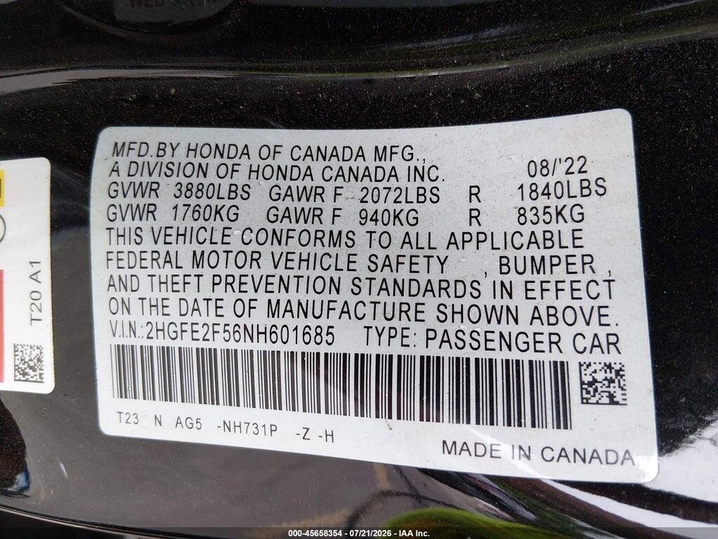 2HGFE2F56NH601685 2022 HONDA CIVIC photo no. 9