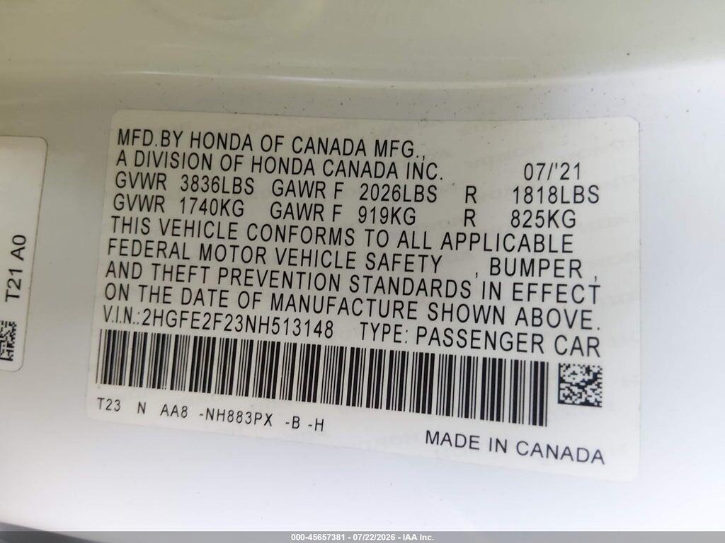 2HGFE2F23NH513148 2022 HONDA CIVIC photo no. 9