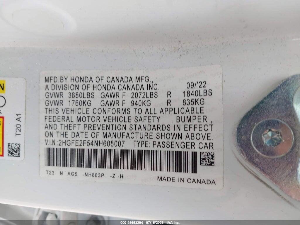 2HGFE2F54NH605007 2022 HONDA CIVIC photo no. 9