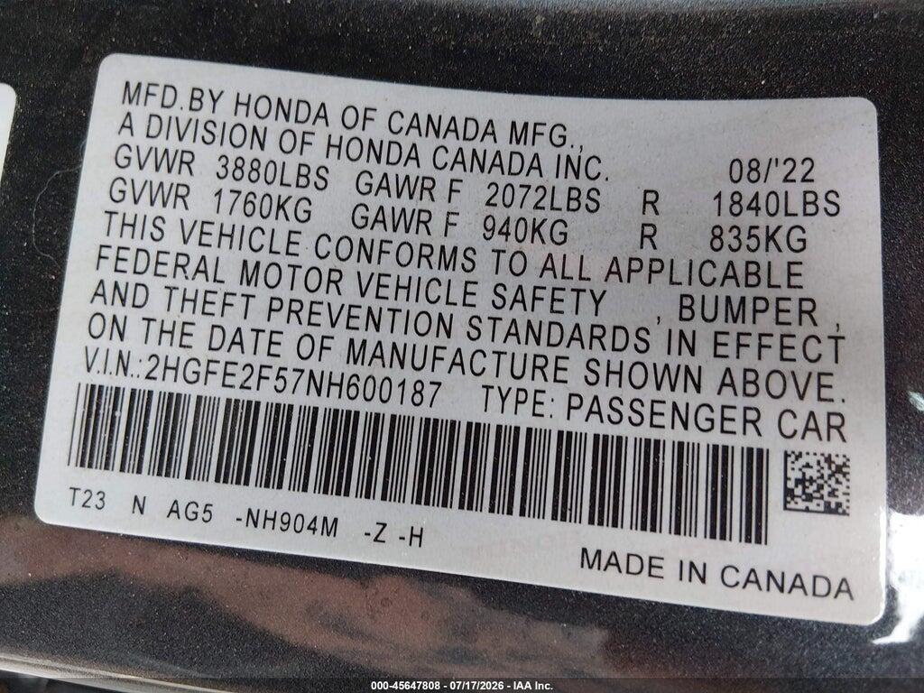 2HGFE2F57NH600187 2022 HONDA CIVIC photo no. 9