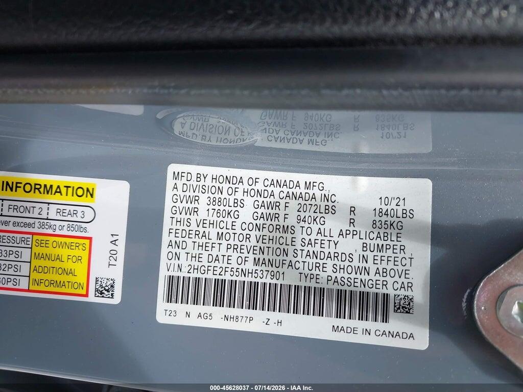 2HGFE2F55NH537901 2022 HONDA CIVIC photo no. 9
