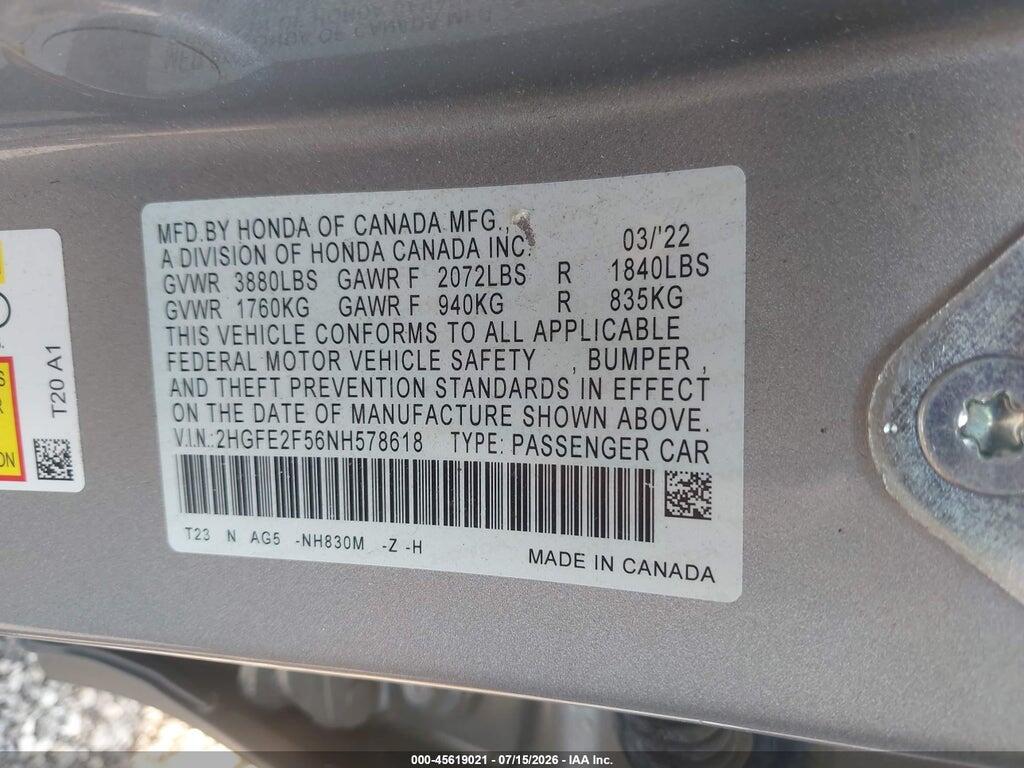 2HGFE2F56NH578618 2022 HONDA CIVIC photo no. 9