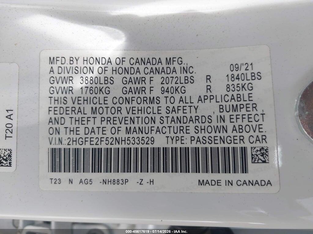 2HGFE2F52NH533529 2022 HONDA CIVIC photo no. 9