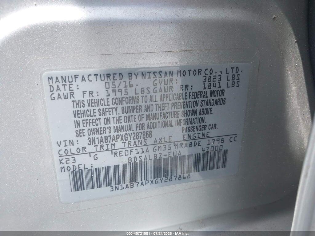3N1AB7APXGY287868 2016 NISSAN SENTRA photo no. 9