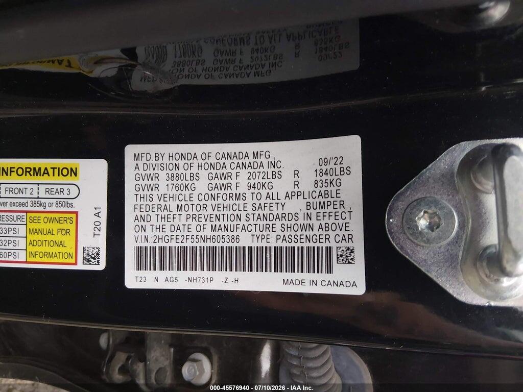2HGFE2F55NH605386 2022 HONDA CIVIC photo no. 9