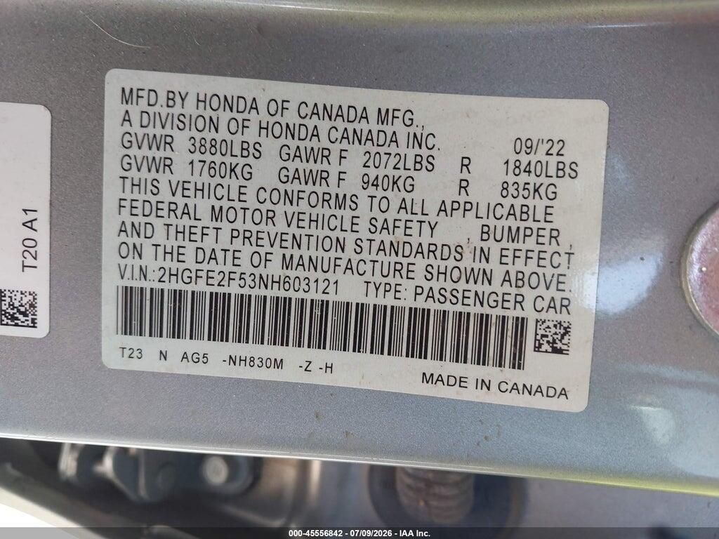 2HGFE2F53NH603121 2022 HONDA CIVIC photo no. 9