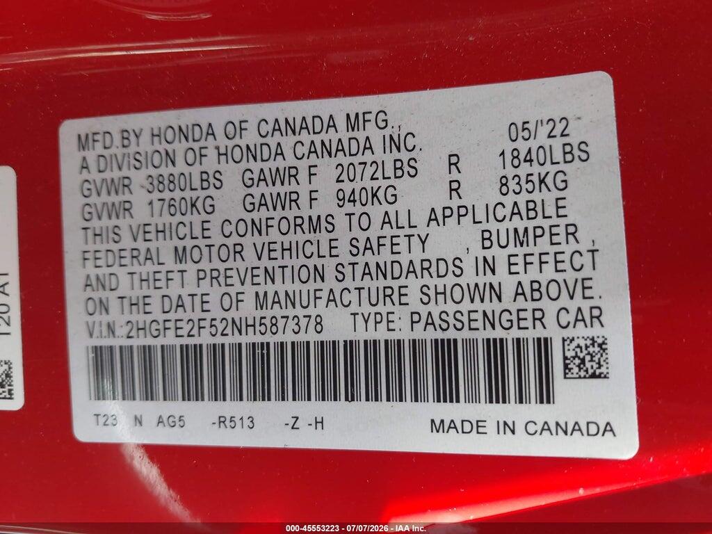 2HGFE2F52NH587378 2022 HONDA CIVIC photo no. 9