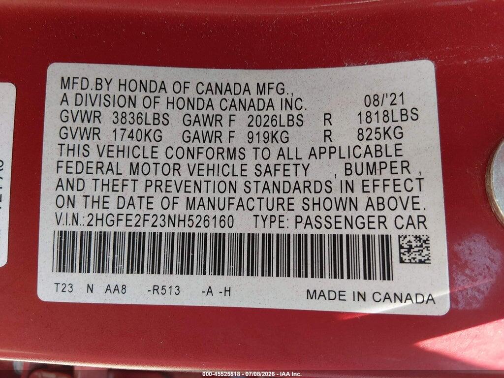 2HGFE2F23NH526160 2022 HONDA CIVIC photo no. 9