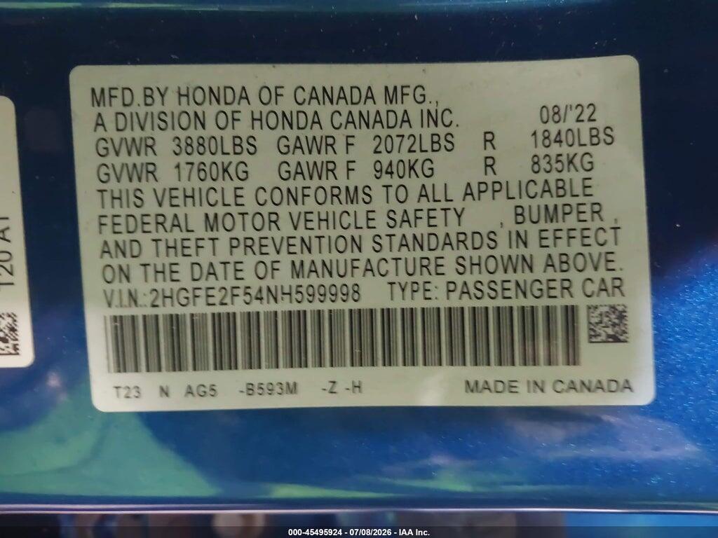 2HGFE2F54NH599998 2022 HONDA CIVIC photo no. 9