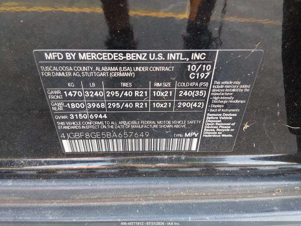 4JGBF8GE5BA657649 2011 MERCEDES-BENZ GL 550 photo no. 9