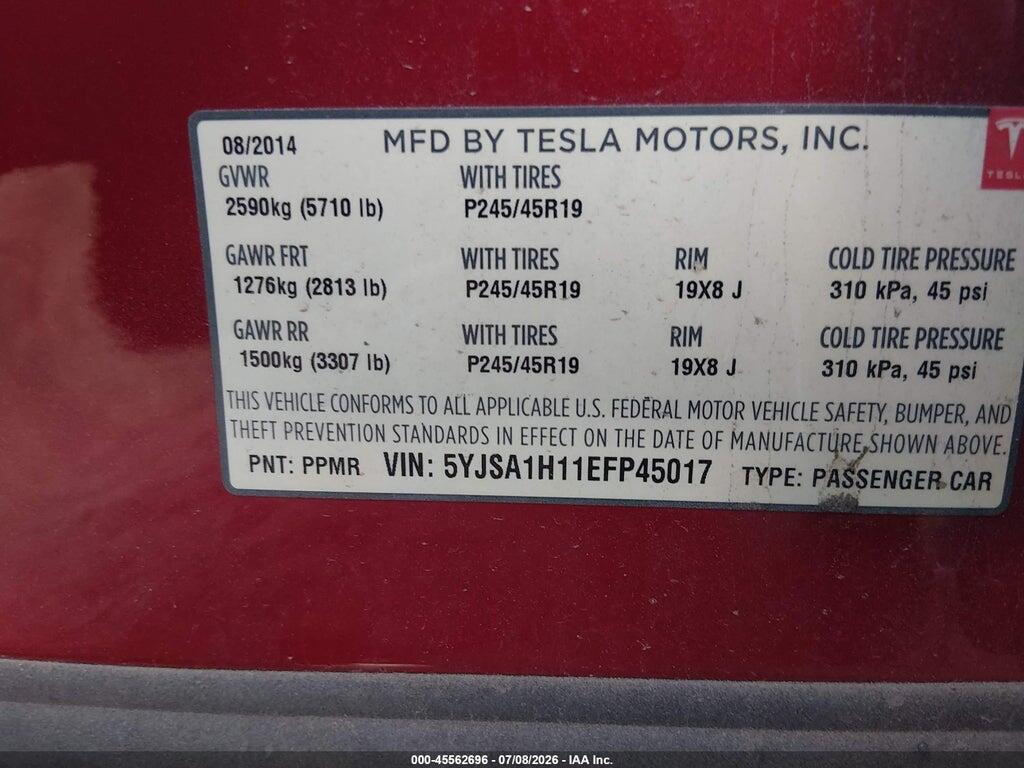 5YJSA1H11EFP45017 2014 TESLA MODEL S photo no. 9
