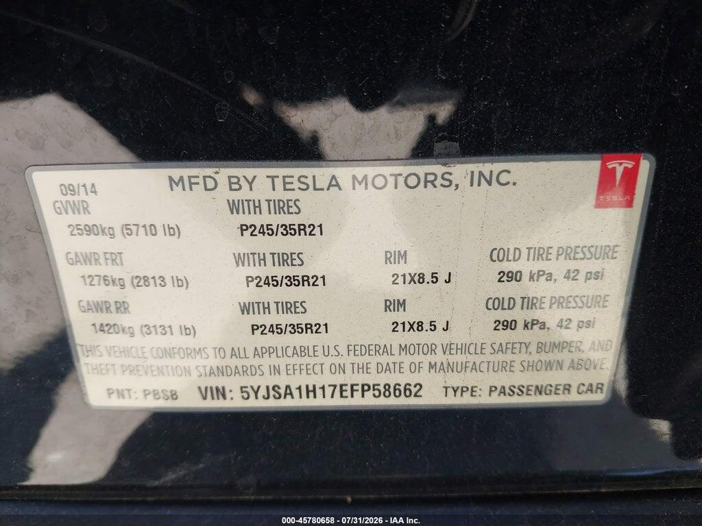 5YJSA1H17EFP58662 2014 TESLA MODEL S photo no. 9