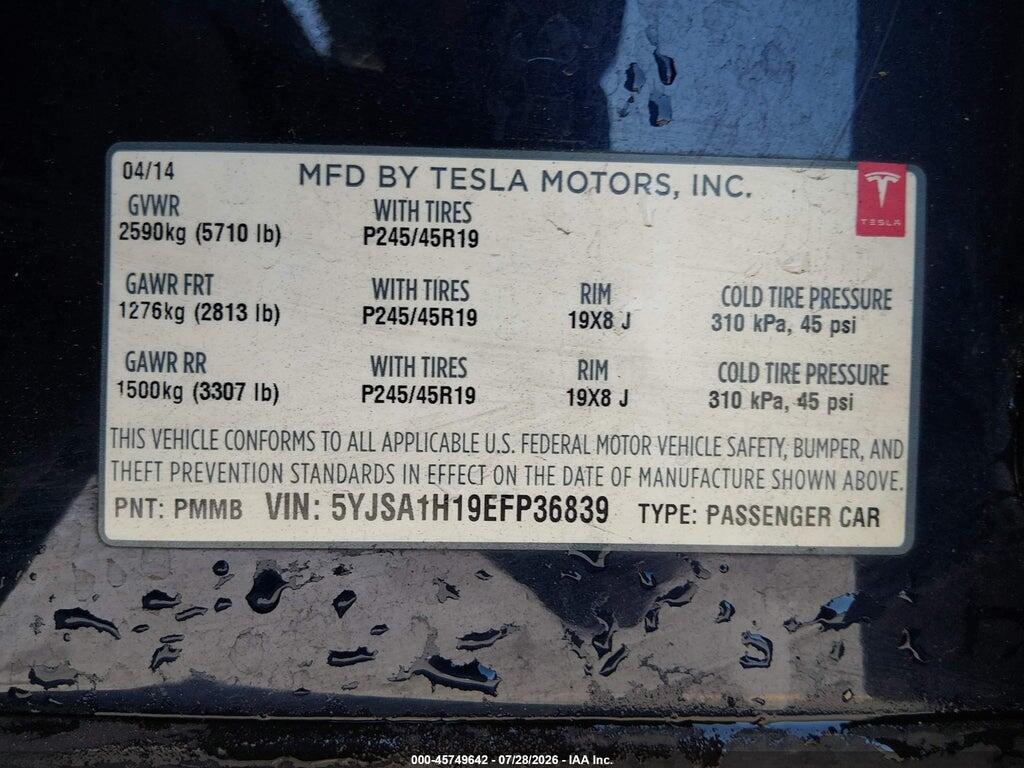 5YJSA1H19EFP36839 2014 TESLA MODEL S photo no. 9