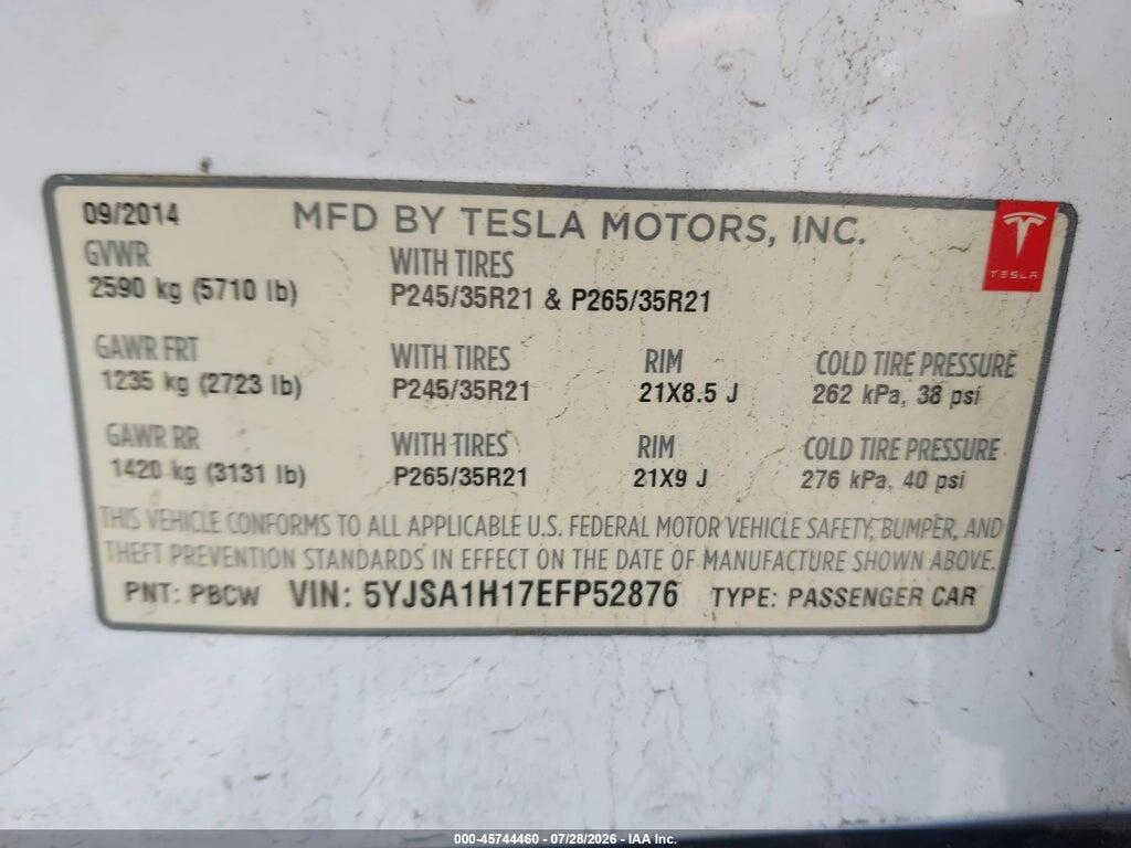 5YJSA1H17EFP52876 2014 TESLA MODEL S photo no. 9