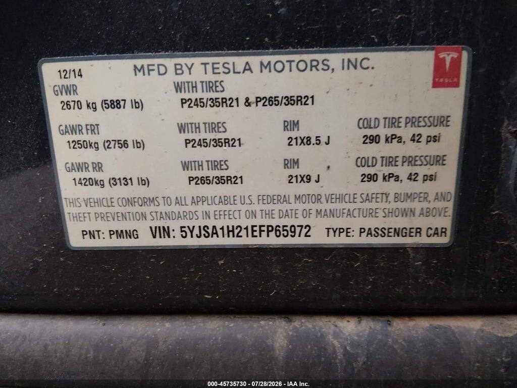 5YJSA1H21EFP65972 2014 TESLA MODEL S photo no. 9