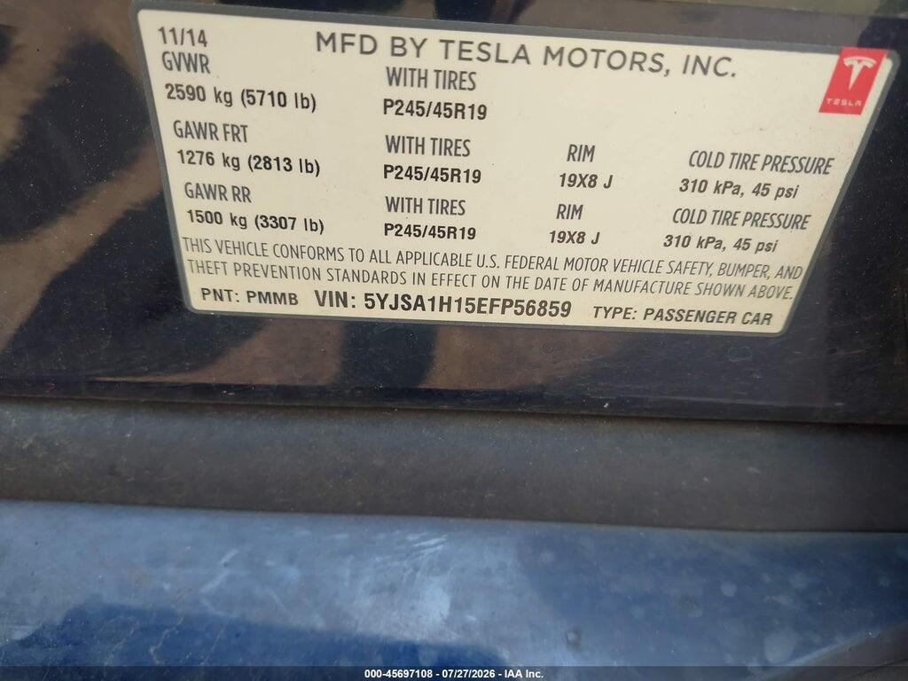 5YJSA1H15EFP56859 2014 TESLA MODEL S photo no. 9