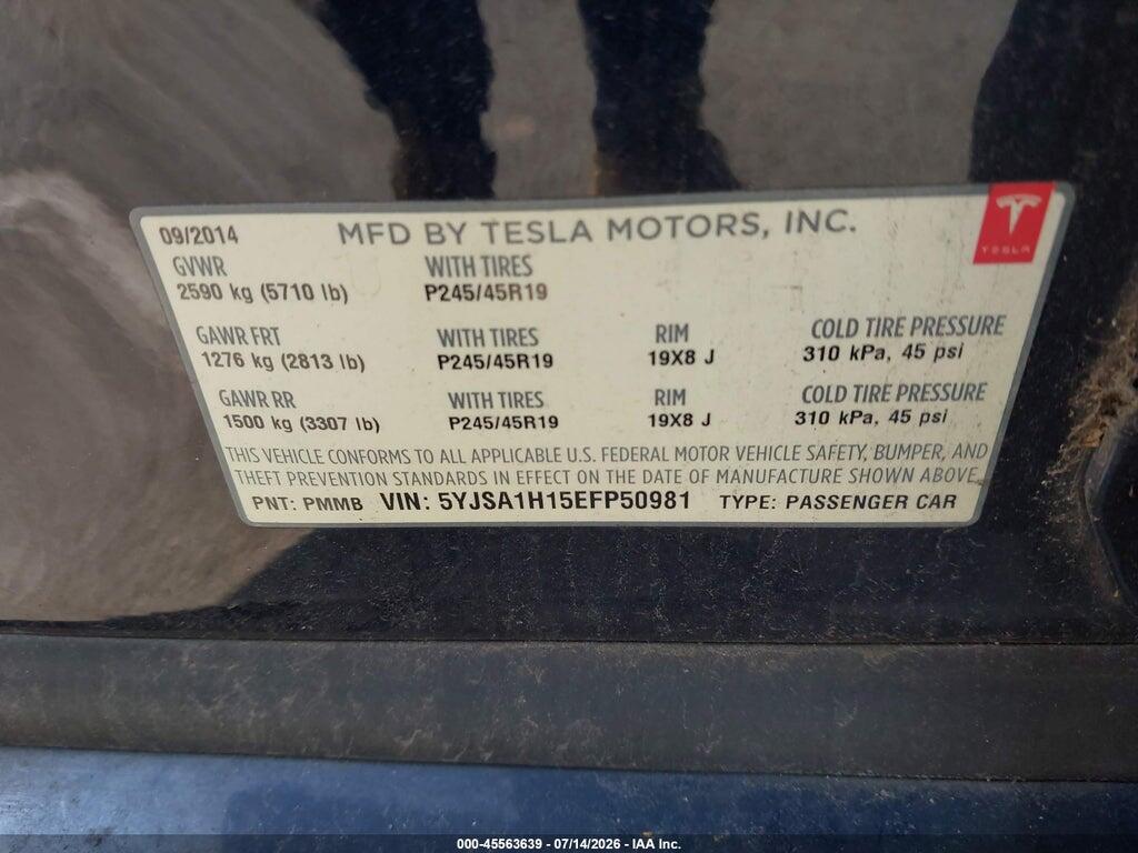 5YJSA1H15EFP50981 2014 TESLA MODEL S photo no. 9