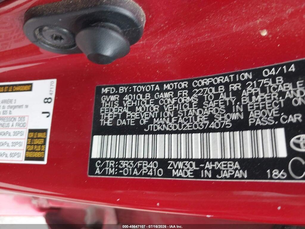 JTDKN3DU2E0374075 2014 TOYOTA PRIUS photo no. 9