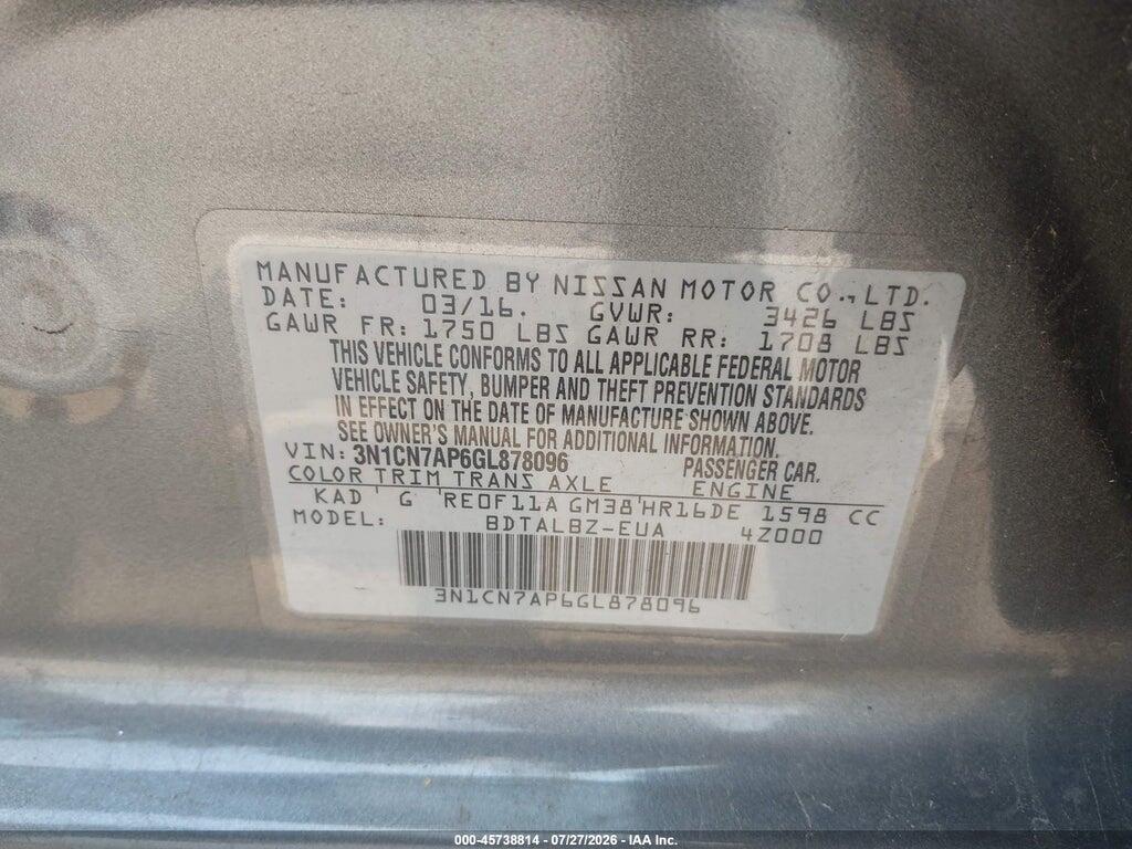 3N1CN7AP6GL878096 2016 NISSAN VERSA photo no. 9