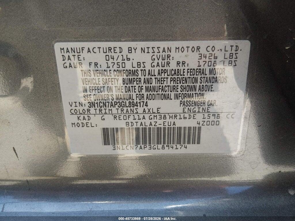 3N1CN7AP3GL894174 2016 NISSAN VERSA photo no. 9