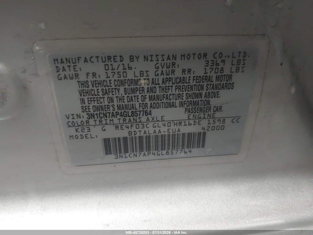 3N1CN7AP4GL857764 2016 NISSAN VERSA photo no. 9