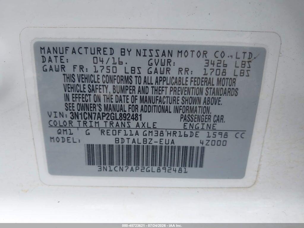 3N1CN7AP2GL892481 2016 NISSAN VERSA photo no. 9