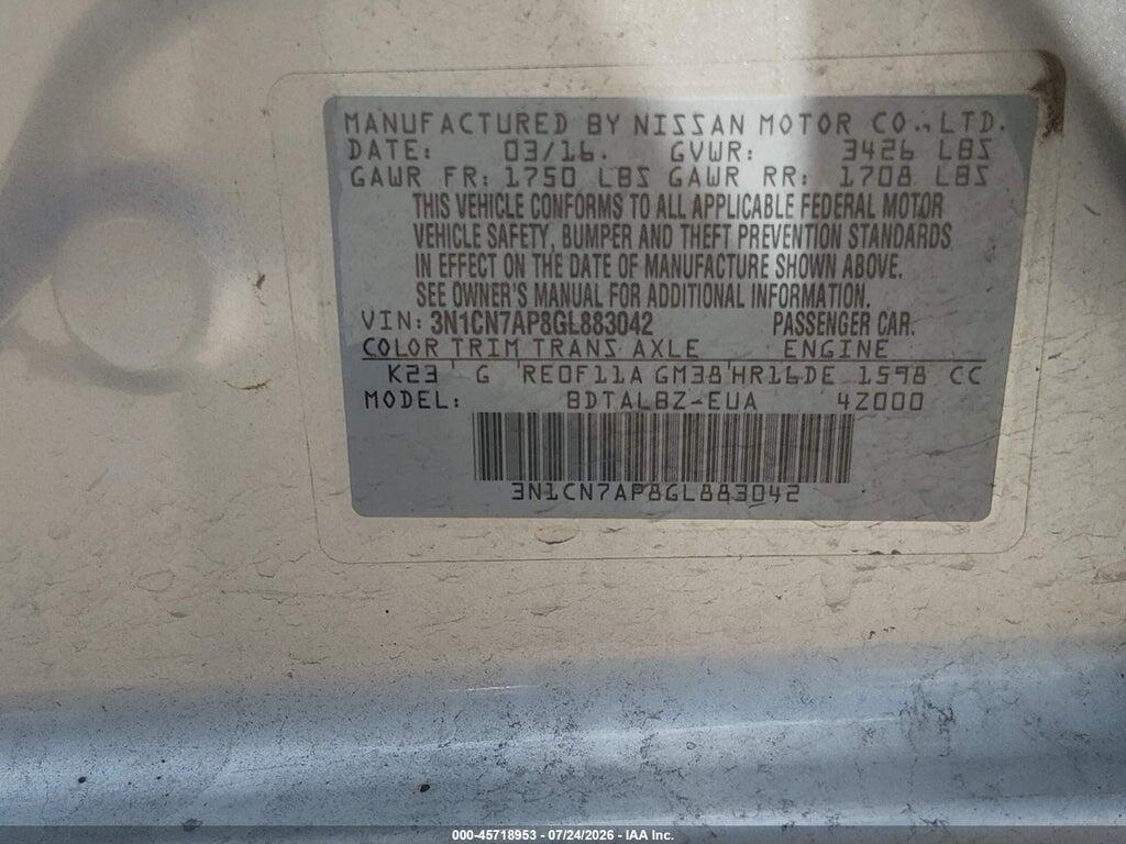 3N1CN7AP8GL883042 2016 NISSAN VERSA photo no. 9