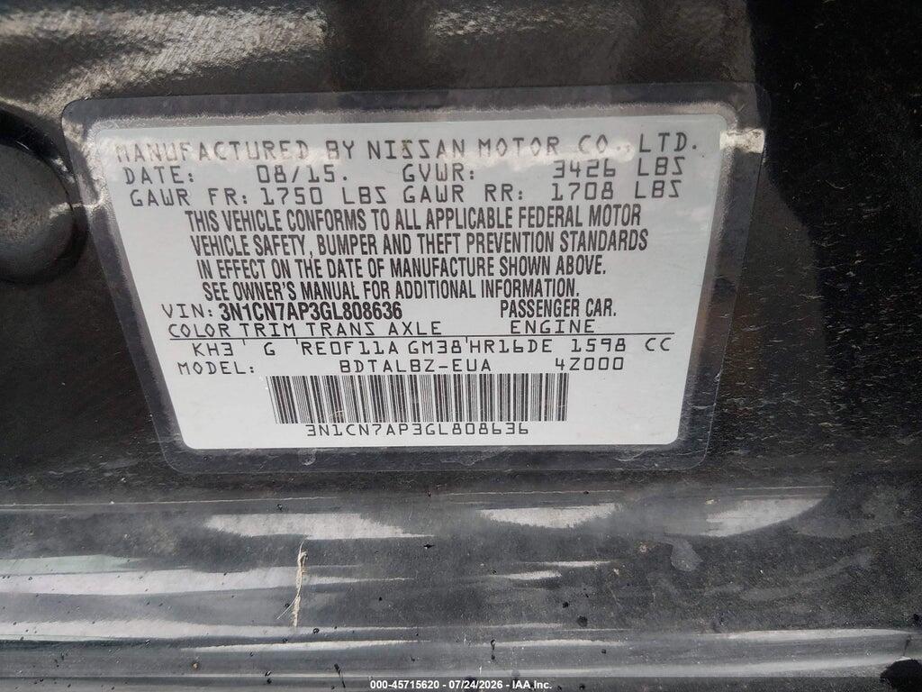 3N1CN7AP3GL808636 2016 NISSAN VERSA photo no. 9