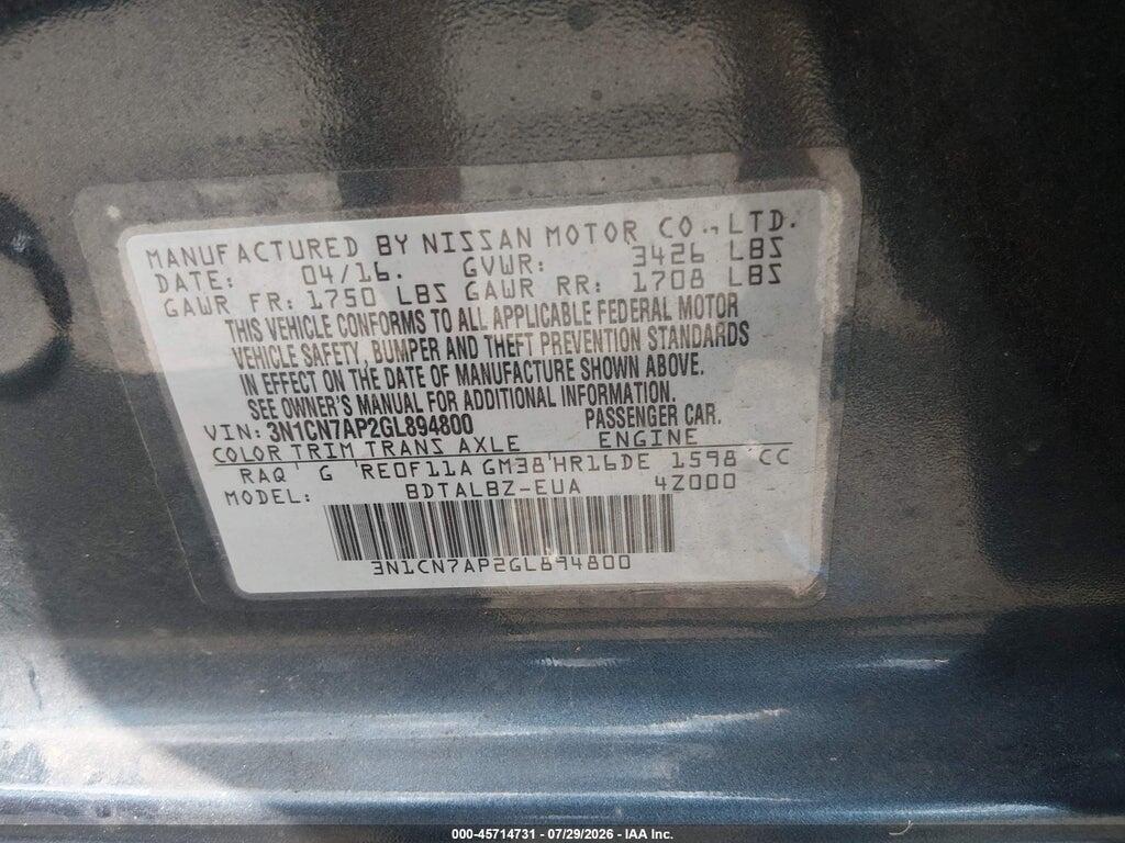3N1CN7AP2GL894800 2016 NISSAN VERSA photo no. 9