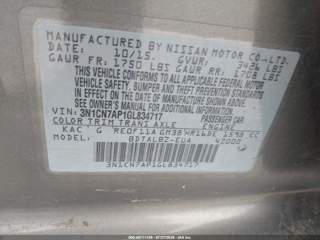 3N1CN7AP1GL834717 2016 NISSAN VERSA photo no. 9
