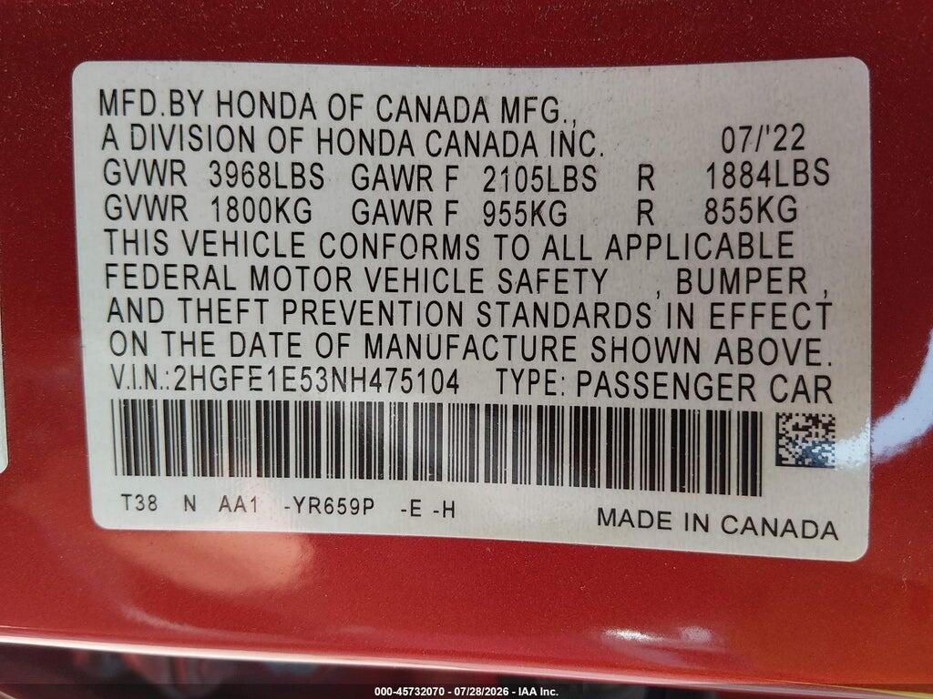 2HGFE1E53NH475104 2022 HONDA CIVIC SI photo no. 9