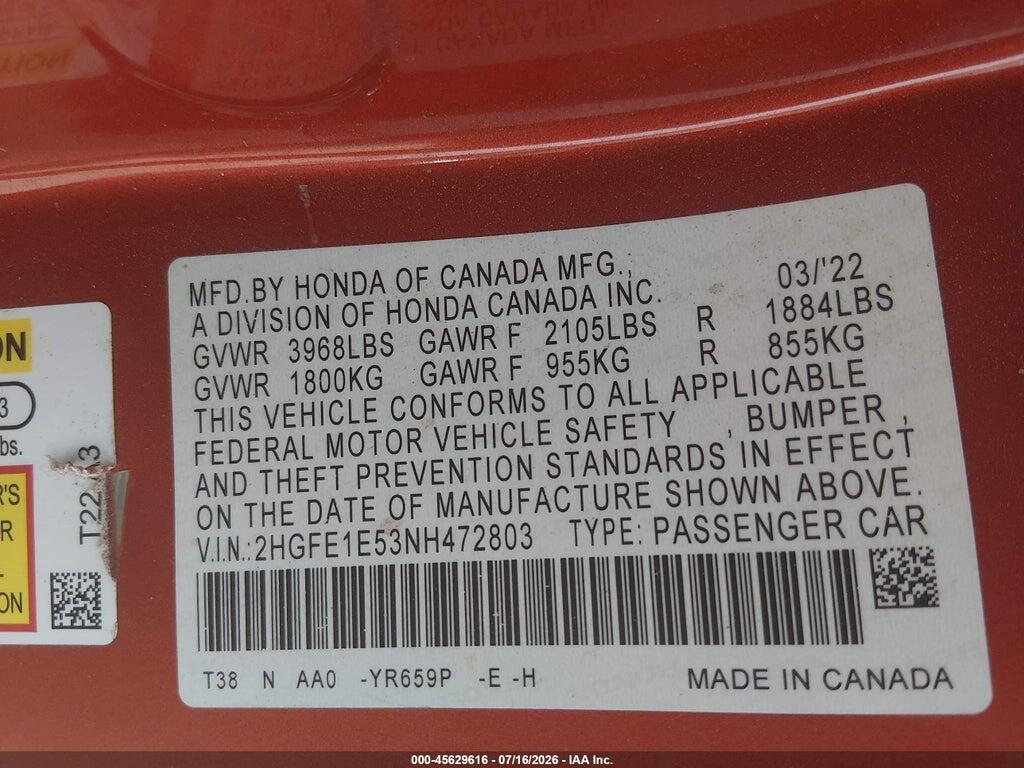 2HGFE1E53NH472803 2022 HONDA CIVIC SI photo no. 9