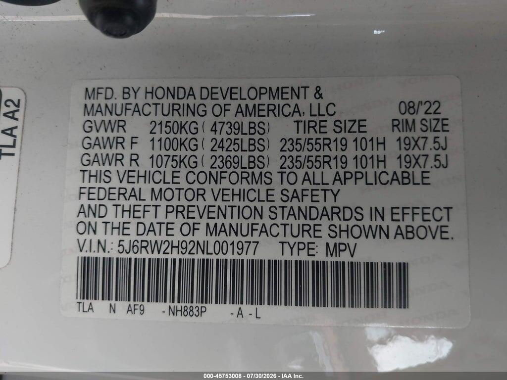 5J6RW2H92NL001977 2022 HONDA CR-V photo no. 9