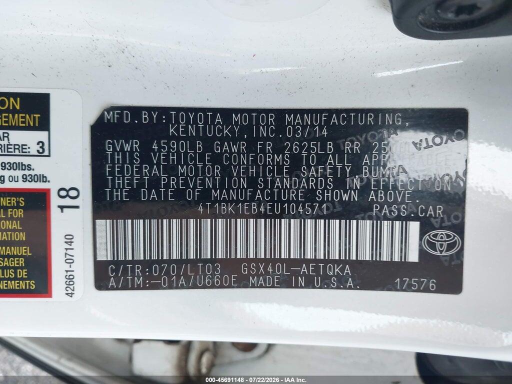 4T1BK1EB4EU104571 2014 TOYOTA AVALON photo no. 9