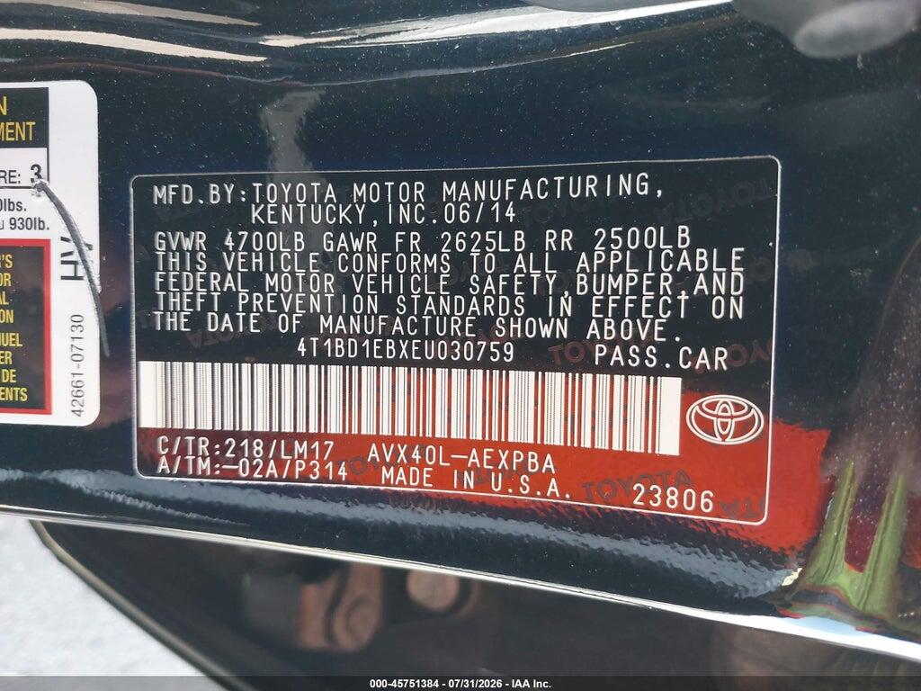 4T1BD1EBXEU030759 2014 TOYOTA AVALON HYBRID photo no. 9