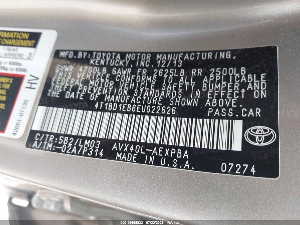4T1BD1EB6EU022626 2014 TOYOTA AVALON HYBRID photo no. 9